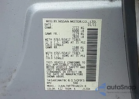 2011 Nissan Pathfinder Silver z USA, uszkodzony, nr VIN 5N1AR1NN7BC615095